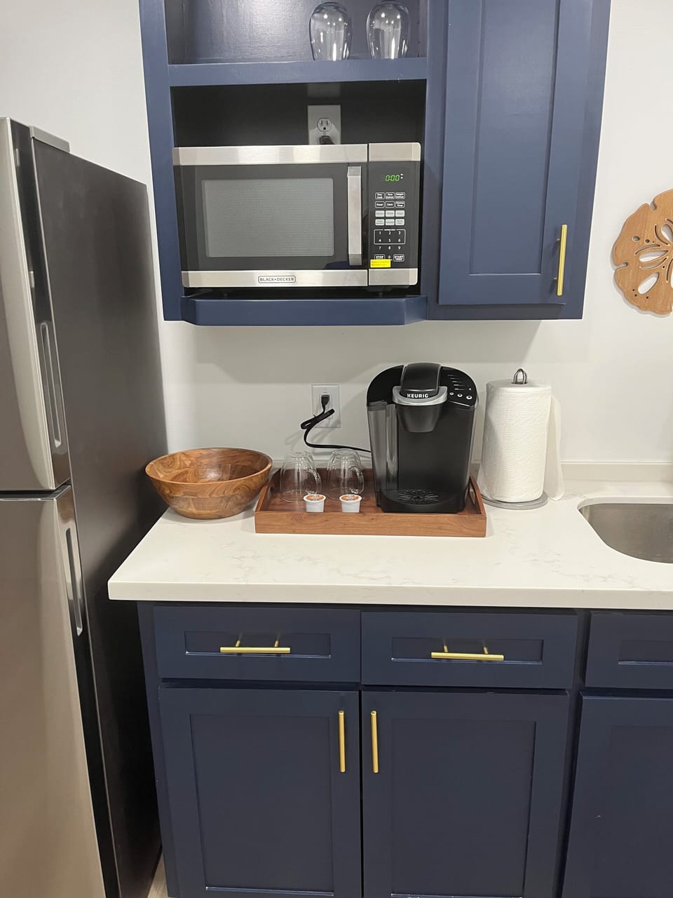 Downstairs studio area has all the Keurig coffee maker and microwave