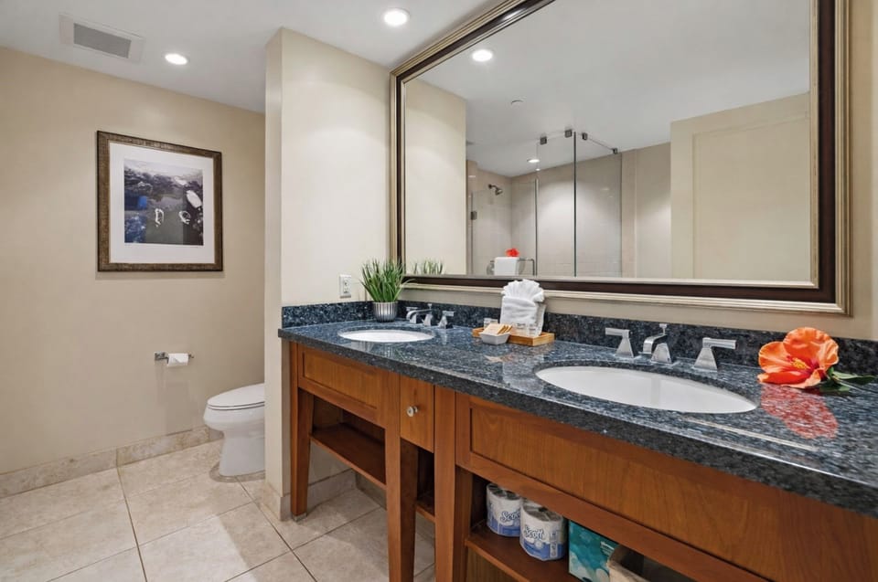 Granite counters and a spacious vanity give you plenty of room to get ready for the day, with clean contemporary finishes throughout your bathroom. HKK-537