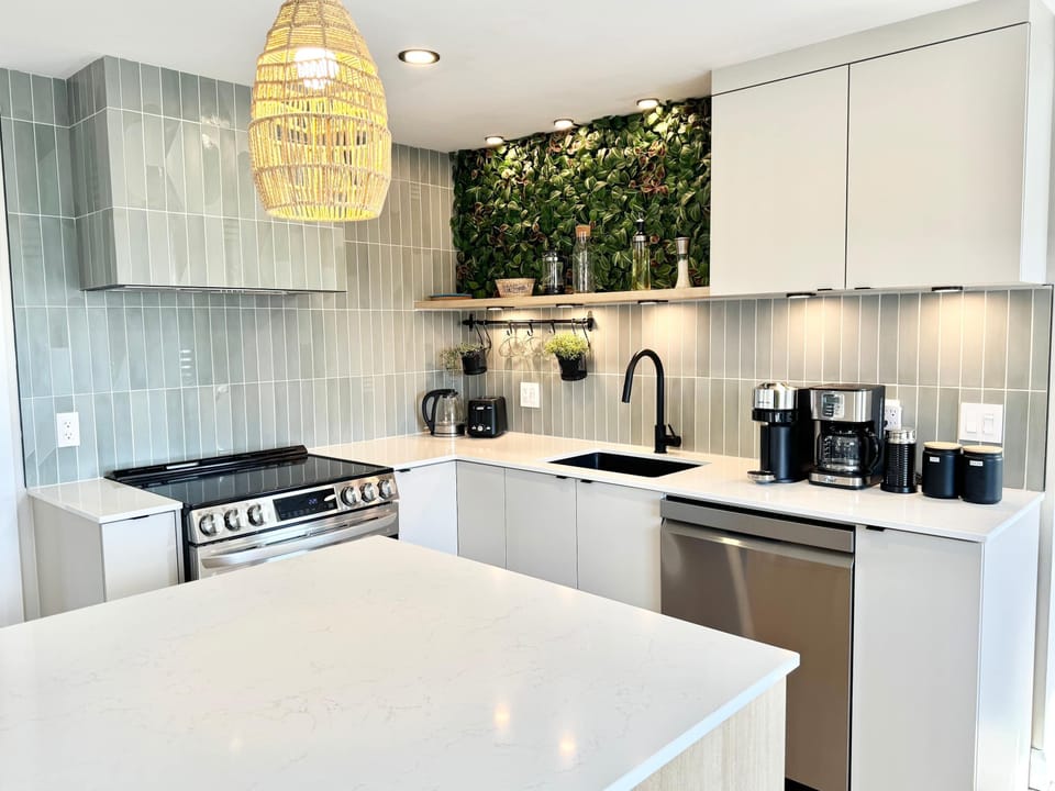 Cuisine moderne : un espace culinaire élégant avec des appareils raffinés, une touche de verdure et un design inspirant.