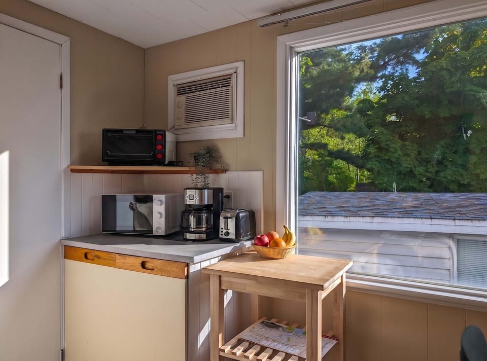 Espace lumineux avec électroménagers modernes et vue verdoyante pour des repas savoureux en escapade.