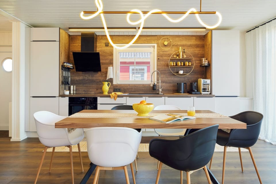 Brew, blend, and brunch beneath golden glow and calm design.