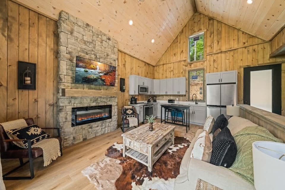 Smart TV and electric fireplace in the living room. 