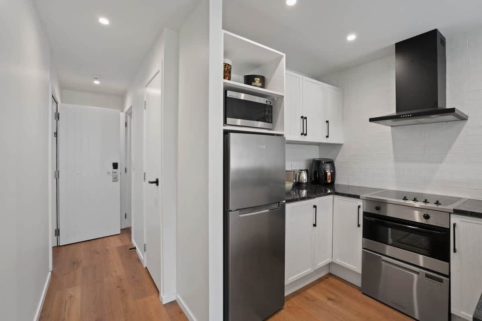 Kitchen area with wooden floors