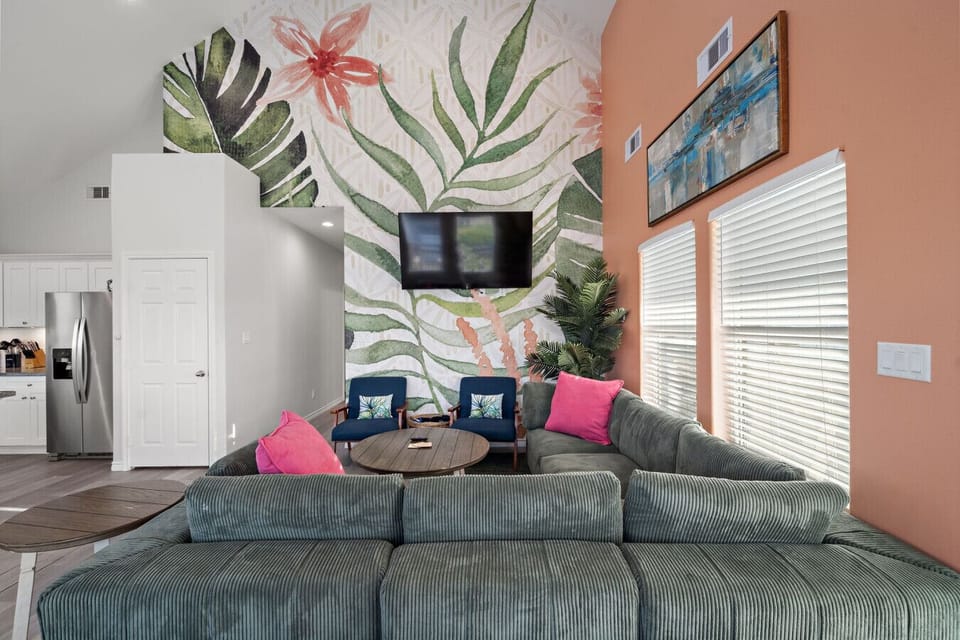 Bright living room with space to gather after the beach.