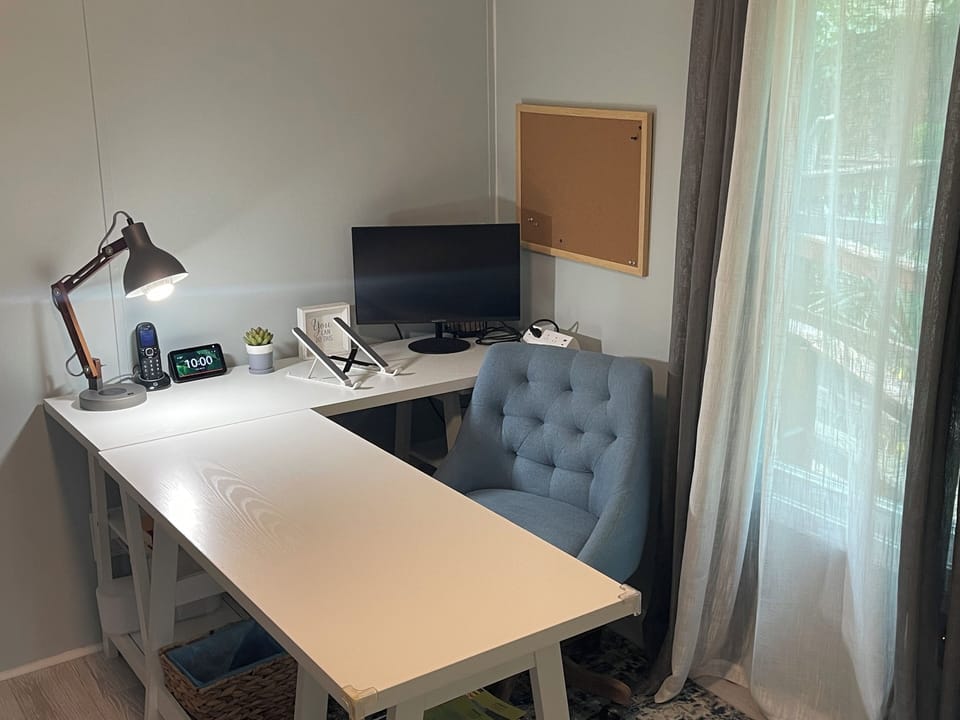Office
Desk, chair, monitor, laptop stand, Bluetooth speaker lamp, charging port