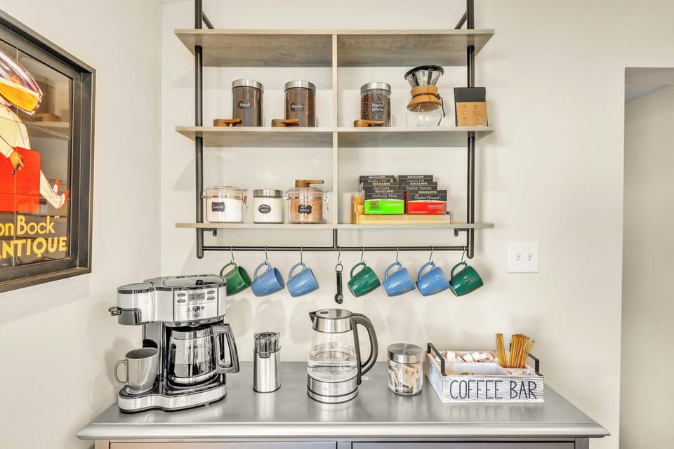 Coffee Bar: Brew your perfect cup with our coffee setup and varied selection of teas. Always wanted to try pour-over coffee or grind your own beans? Do it here. And we did not forget the kids. The coffee bar includes hot cocoa with marshmallows! 