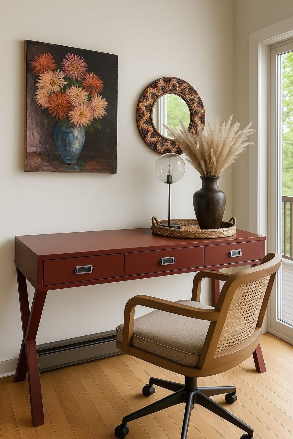 living room workspace with a river view