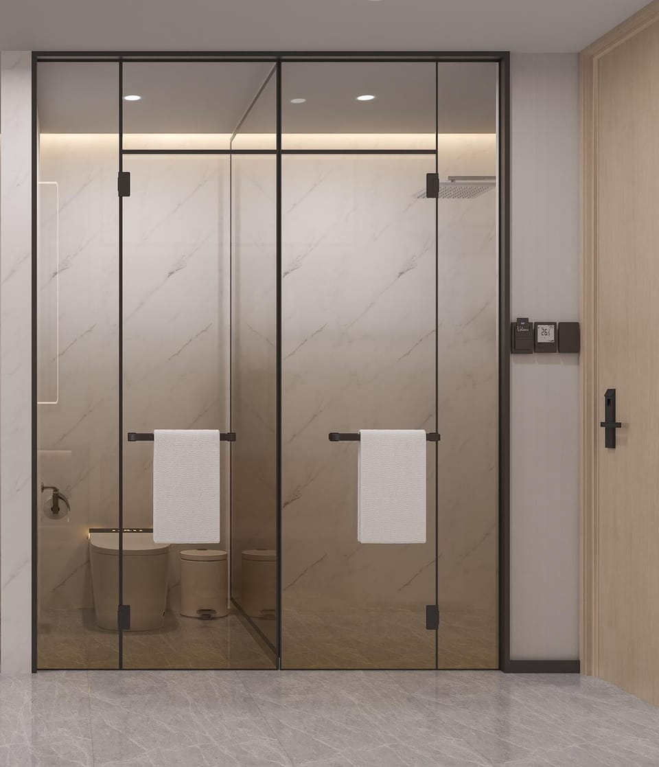 Elite Room | Bathroom | Shower, rainfall showerhead, hair dryer, bathrobes