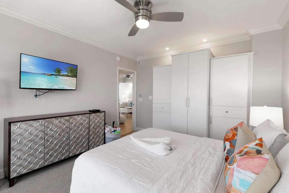 Guest bedroom with smart tv and closet storage