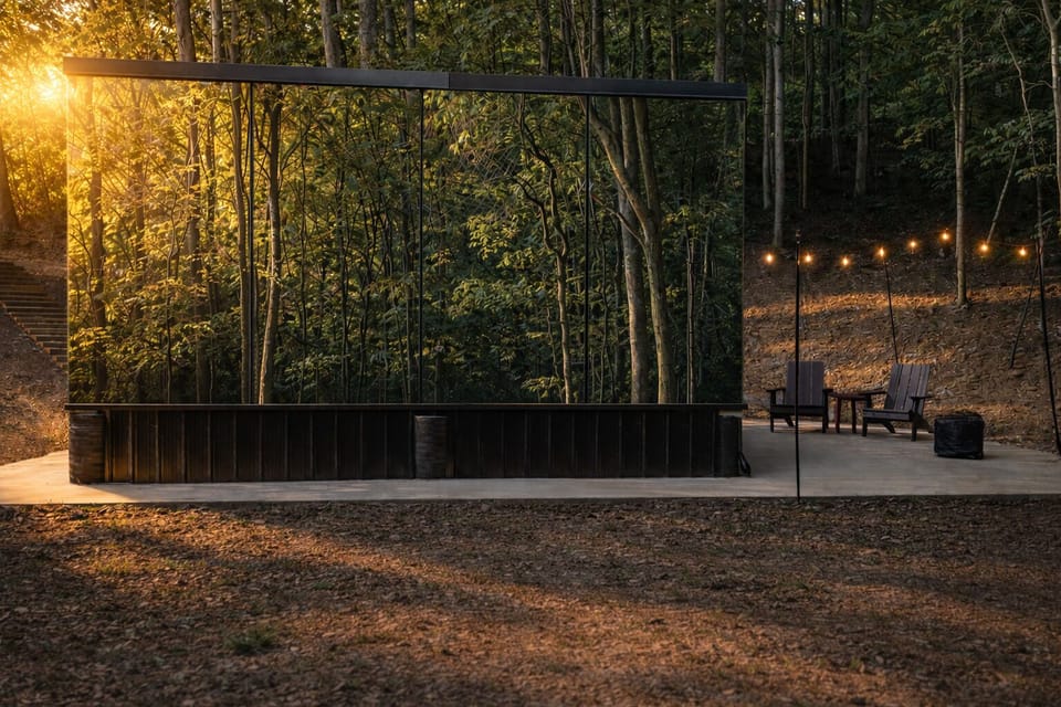 Muir exterior at dusk — mirrored glass walls, string lights, fire pit area with Adirondack seating, hillside position