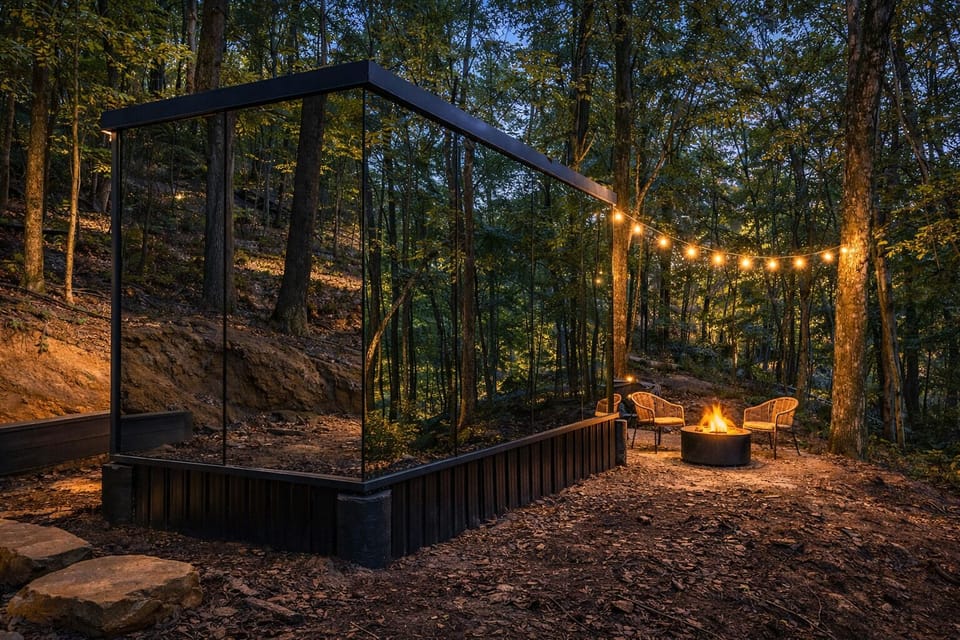 Thoreau exterior at night — mirrored glass walls reflecting the forest, string lights, fire pit glowing, fully private from the outside