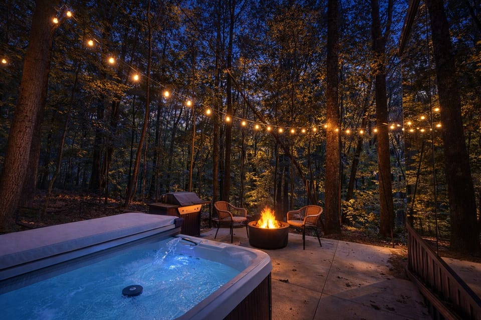 Thoreau exterior at dusk — mirrored exterior, string lights overhead, fire pit area with seating