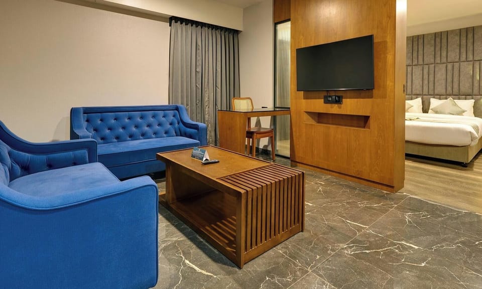 Premium bedding, desk, laptop workspace, soundproofing