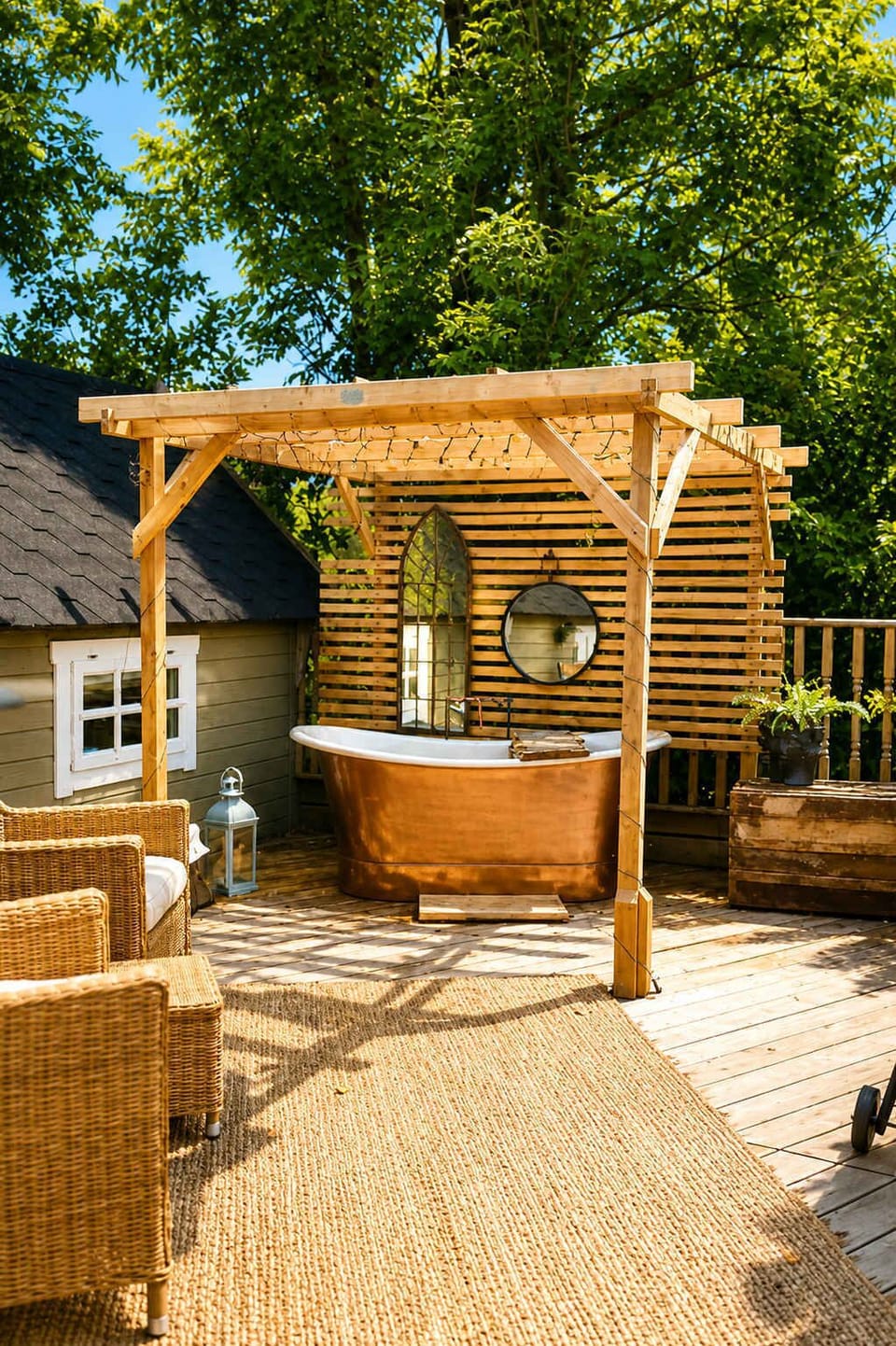Flora’s outdoor copper bathtub offers a peaceful soak with stunning countryside views. Surrounded by nature and fresh air, it’s the perfect spot to unwind, relax under the open sky, and enjoy a truly unique luxury escape.
