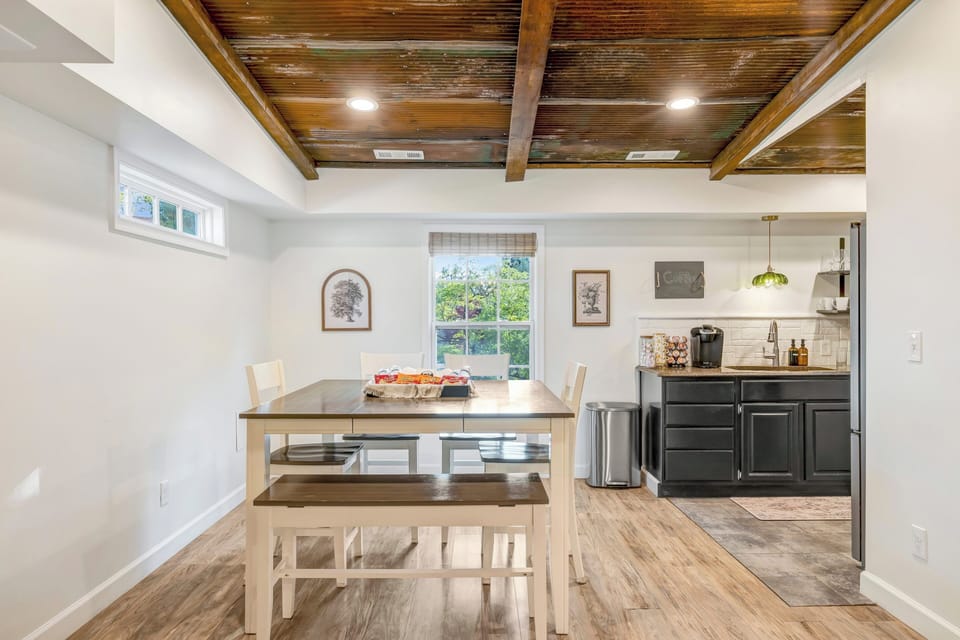 Open kitchen and dining. Kid's highchair is provided.