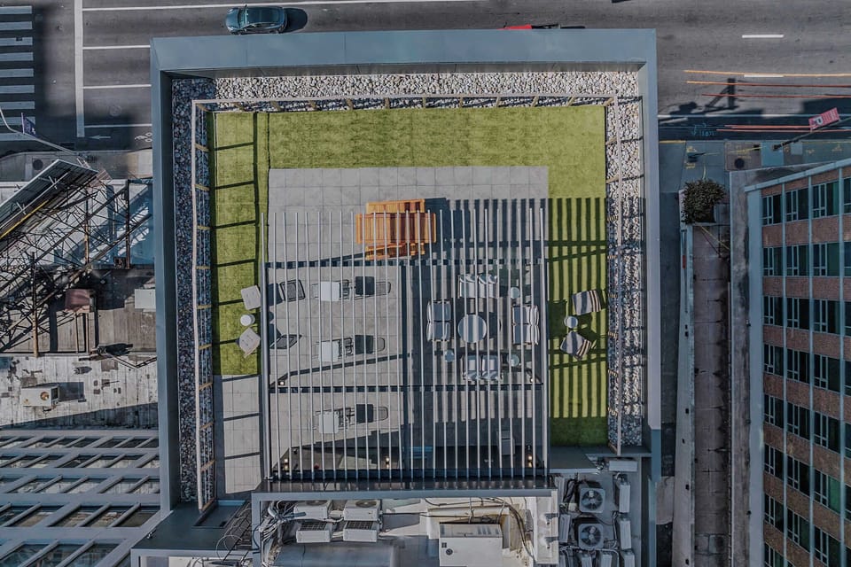Bird’s-eye view of rooftop garden and building