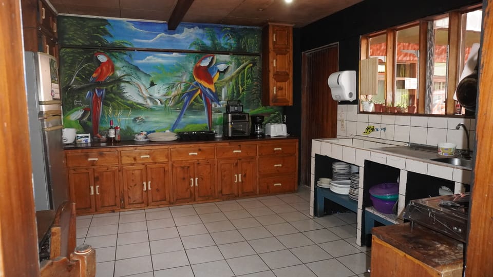 Fridge, microwave, stovetop, cookware/dishes/utensils