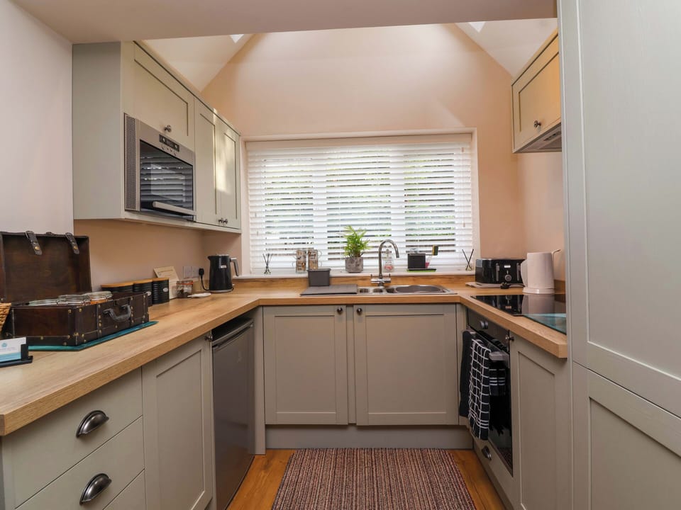 Fridge, microwave, toaster, cookware/dishes/utensils