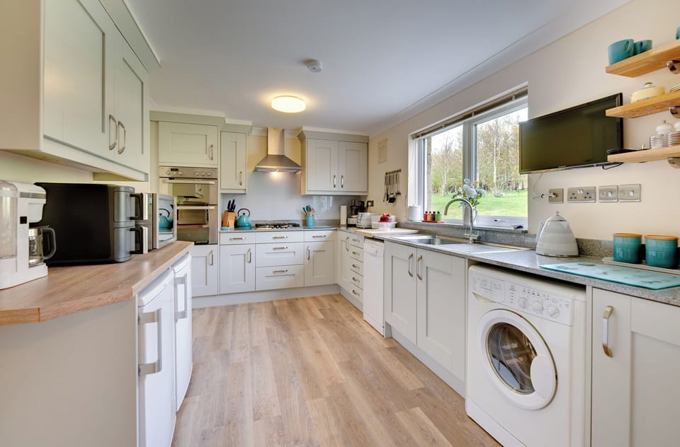 Fridge, microwave, dishwasher, cookware/dishes/utensils