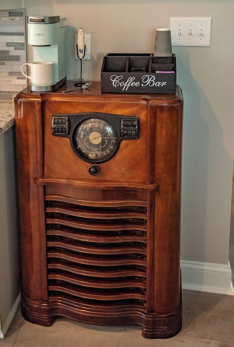 A special and unique coffee bar offering single brew coffee, creamer, sugar and a touch of historical class