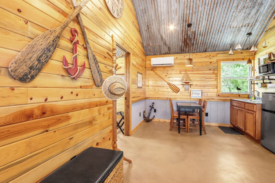 View as you enter the cabin.  The bedrooms are on the left and the dining area is straight ahead.