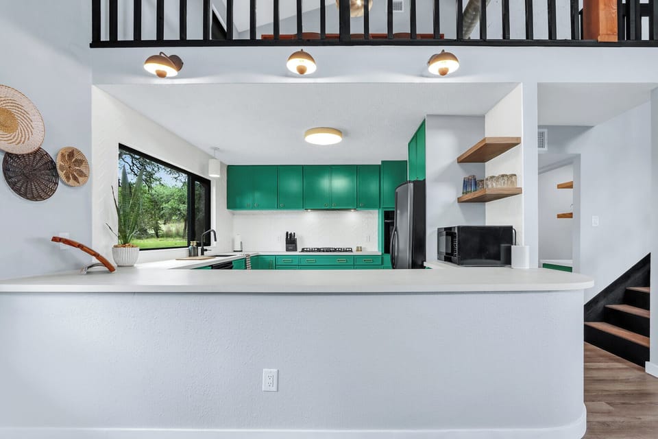 Looking into the kitchen over the front bar.
