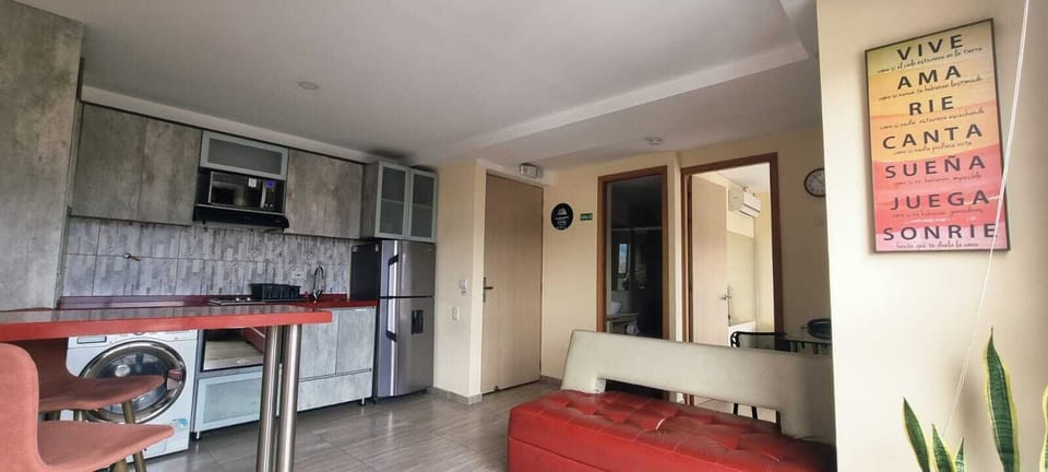 Full-size fridge, microwave, stovetop, blender