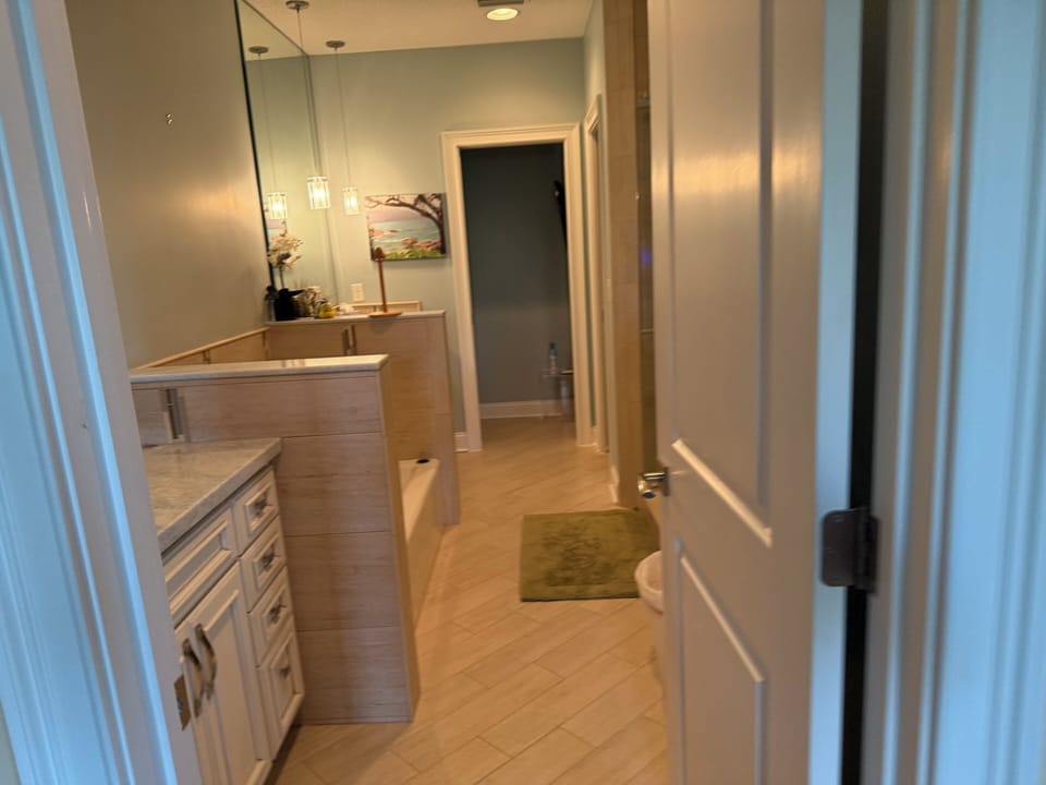 Shower on the right, tub on the left