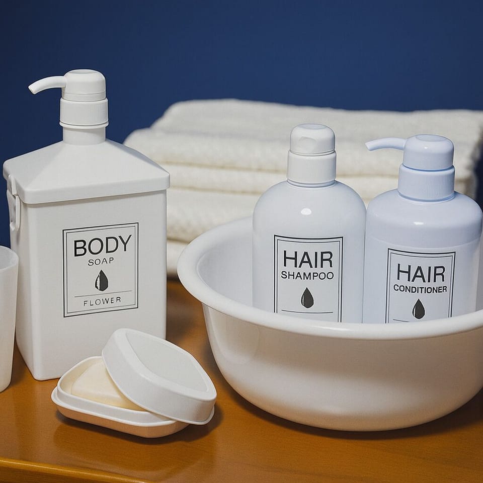 Hair dryer, slippers, towels, soap