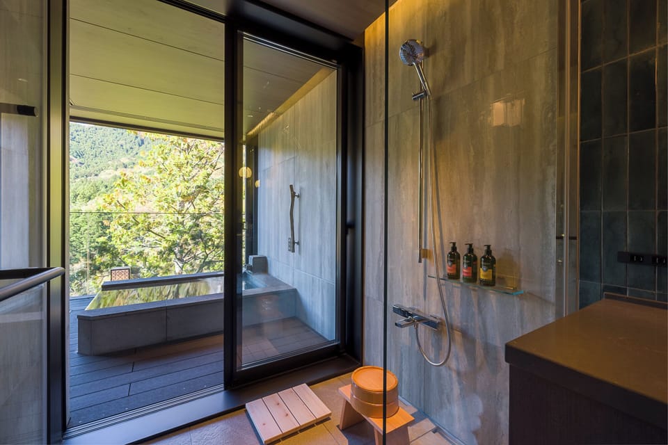 Separate tub and shower, spring water tub, hydromassage showerhead