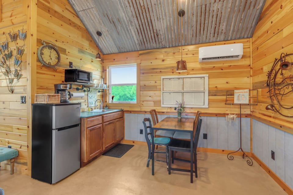 The cabin has a small kitchenette with refrigerator, microwave and coffee pot.