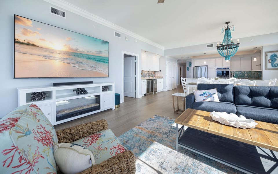 Unwind in the inviting living space and stream your favorite show with cozy seating and stylish accents
