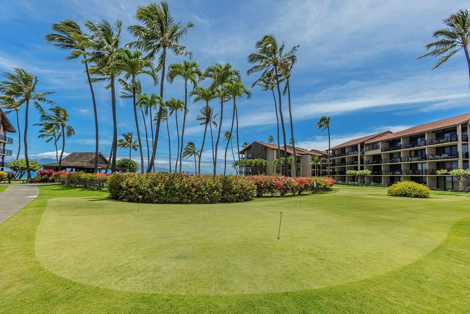 This vacation rental property features an oceanfront location with two 12-hole putting green.