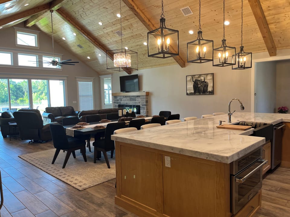 Kitchen with dining and living room - massive kitchen island seats 6 comfortably