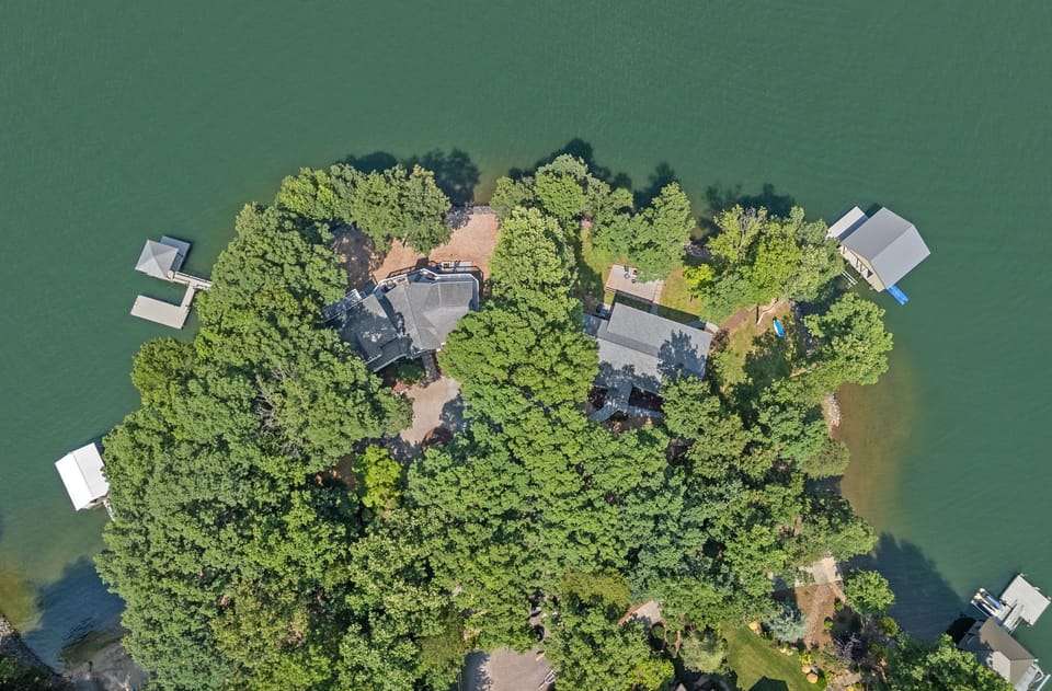 Back Porch Bliss + Blue Heron Bliss= Blissfully Together-aerial view of the two houses together.