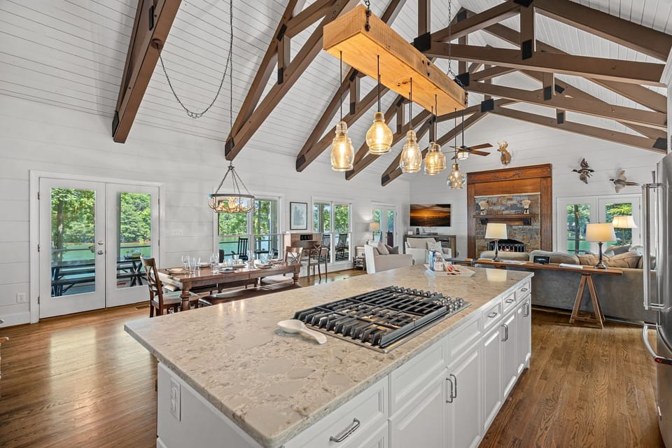 Back Porch Bliss-Open concept living with living, kitchen and dining in one large area.