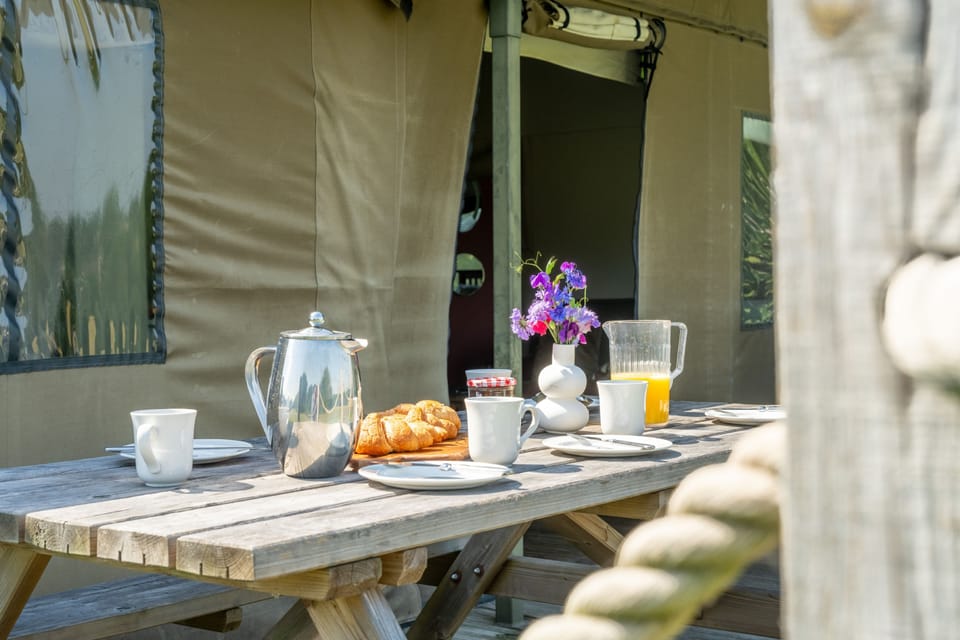Each tent includes a picnic table on the decking