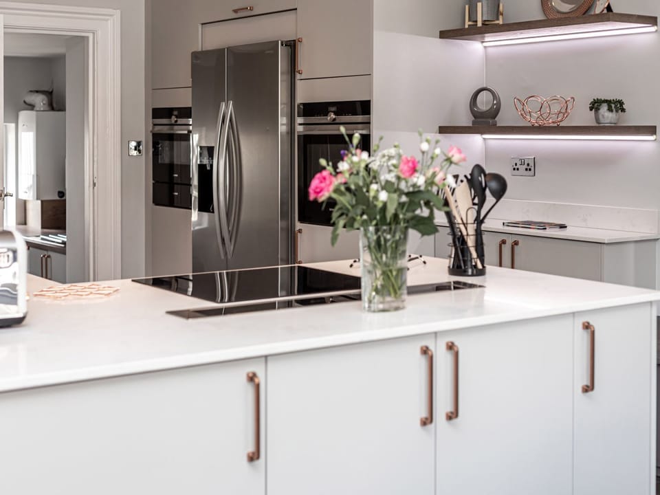Fridge, microwave, toaster, cookware/dishes/utensils