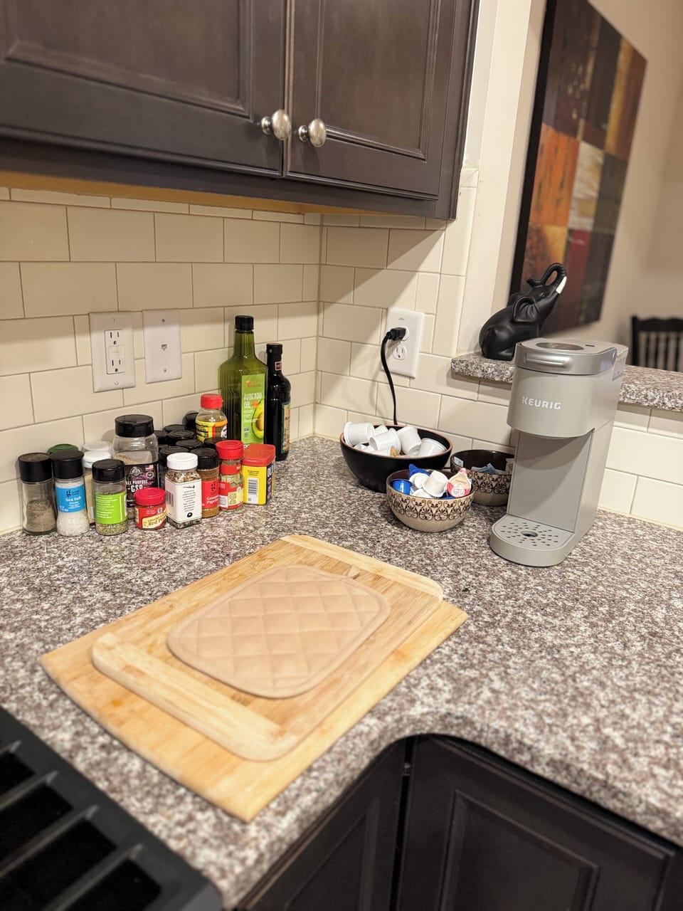 kitchen with cooking basics and dishware, air fryer, microwave, toaster, keurig
