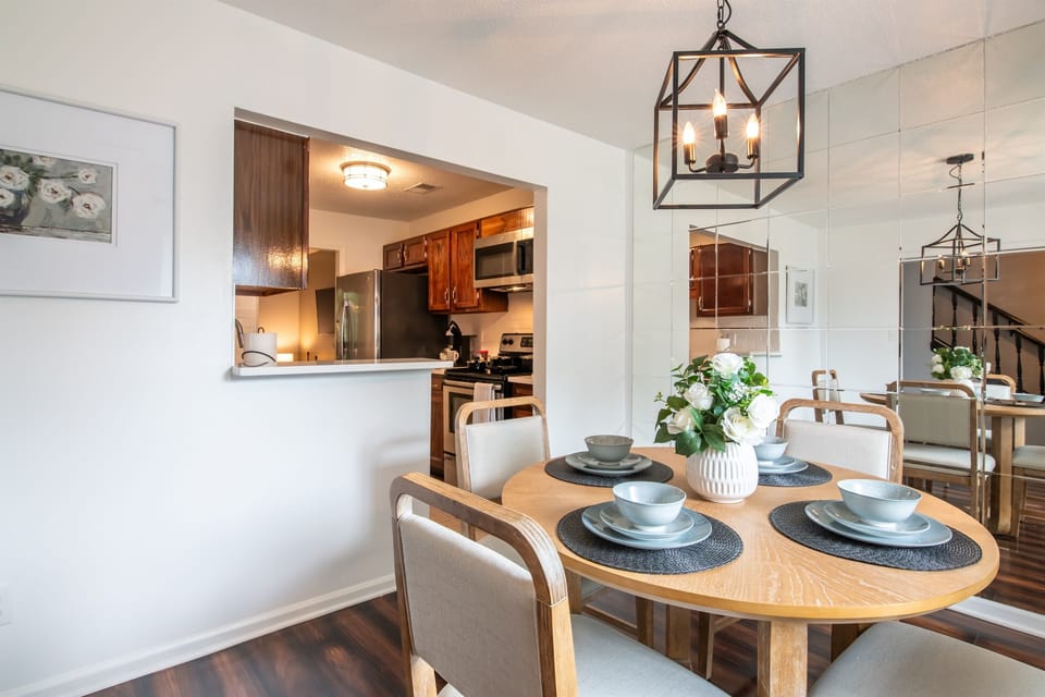Multiple angles show a dining setup ready for home-cooked meals or takeout nights.