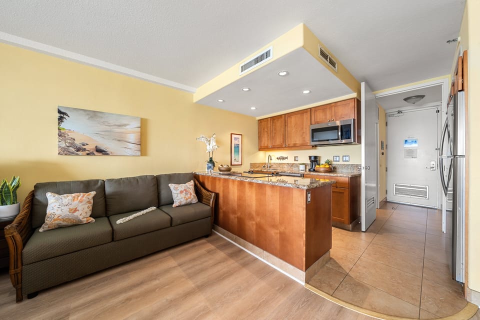 Open layout with a king bed, sleeper sofa, and private lanai, creating the perfect blend of comfort and convenience