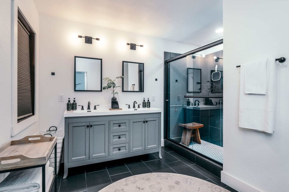 Large Primary Bath with double sinks, shower and closet.