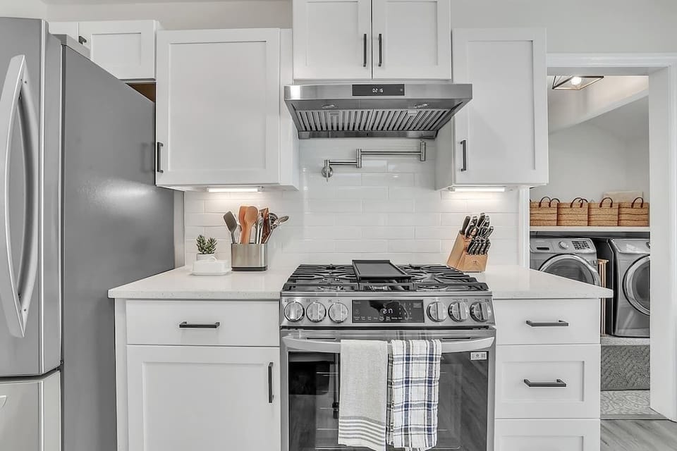 Inside the kitchen, you will find fully stocked cabinets and drawers. We make it a point that our home is fully stocked with all the kitchen appliances and utensils you may need to create your next culinary masterpiece.