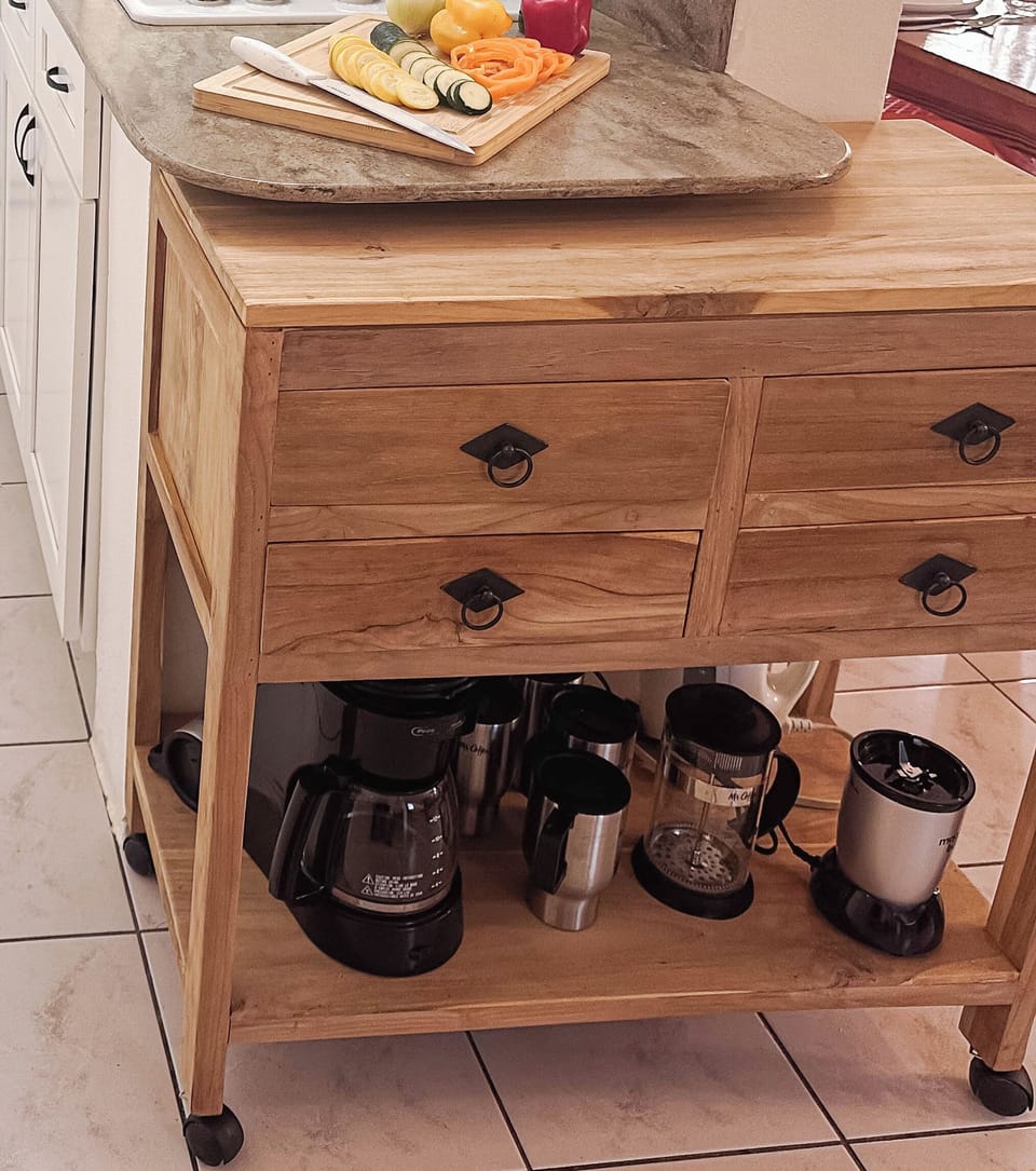 Coffee, tea, and smoothie station on casters.