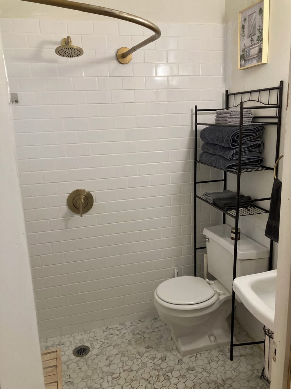 European-style full sized bathroom has a unique walk-in shower.