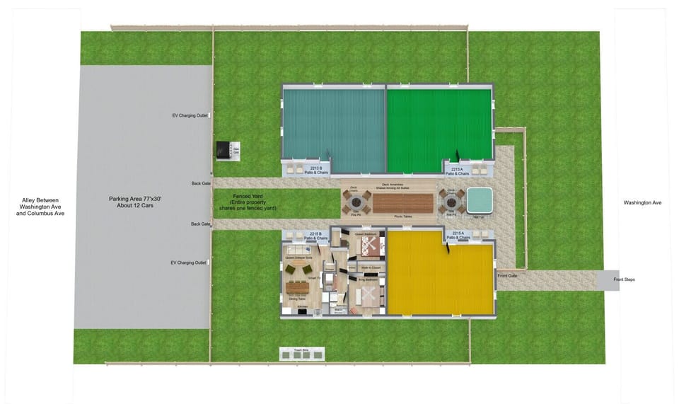 {Layout} Private parking, fenced yard, quadplex, courtyard amenities