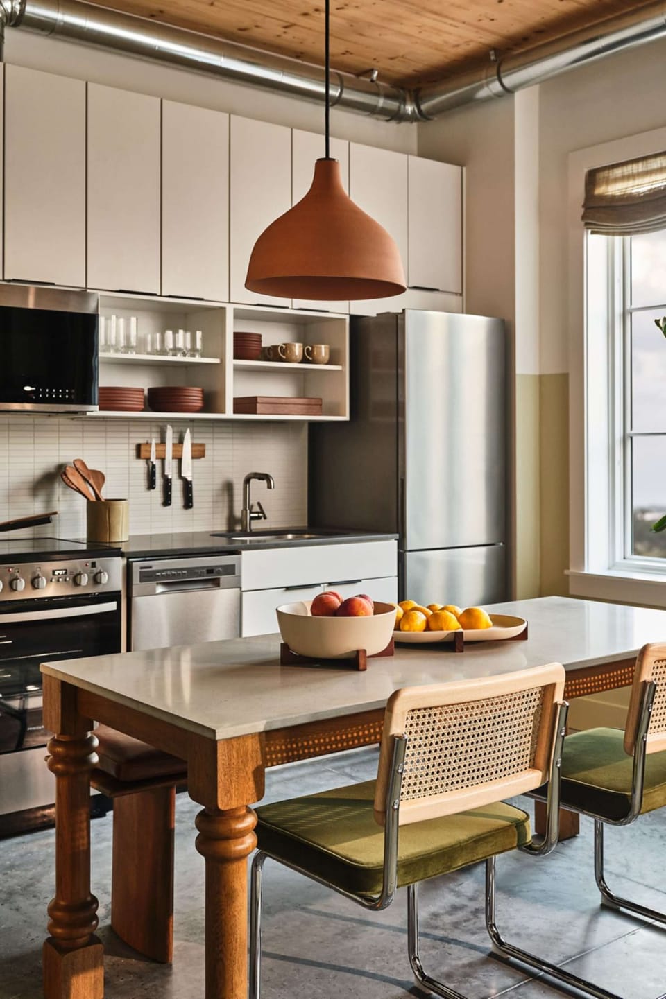 Kitchen and dining with fruit bowls on the table