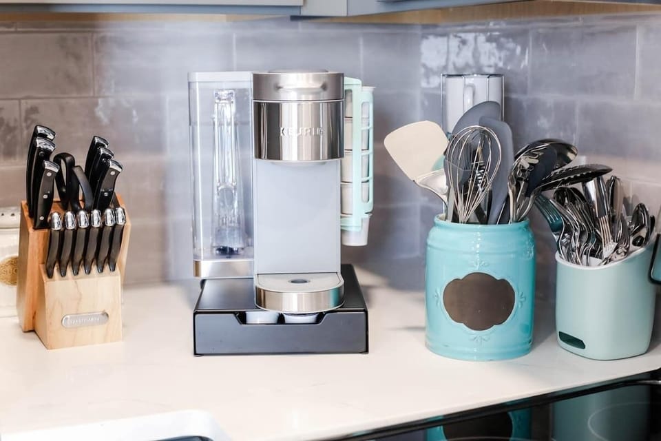 Start your mornings with a cup of homemade coffee with a new coffee machine, located conveniently in the kitchen.