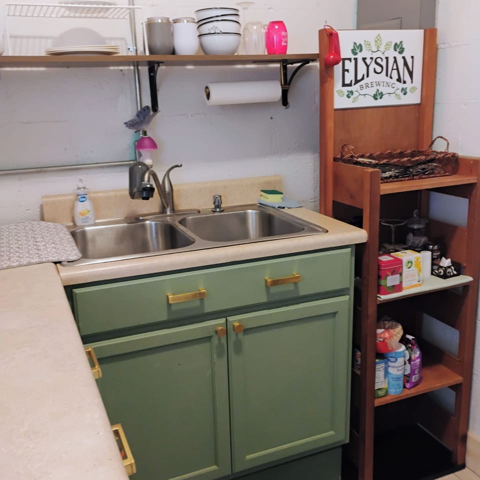 Kitchenette w/ toaster oven, hot plate, pot and pans,  microwave, blender.