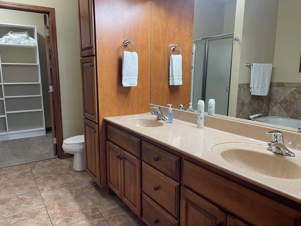 Master bath with his/her sinks and walk in closet
